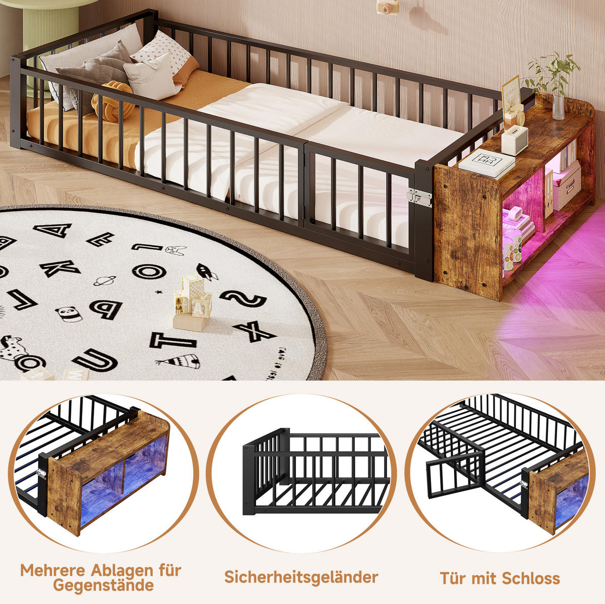 KINDERBETT aus Metall und MDF 90x200 cm Schwarz mit Schutzgeländer, offenem Staufach und LED-Beleuchtung - Schwarz, Holzwerkstoff (90/200cm) - Modfu