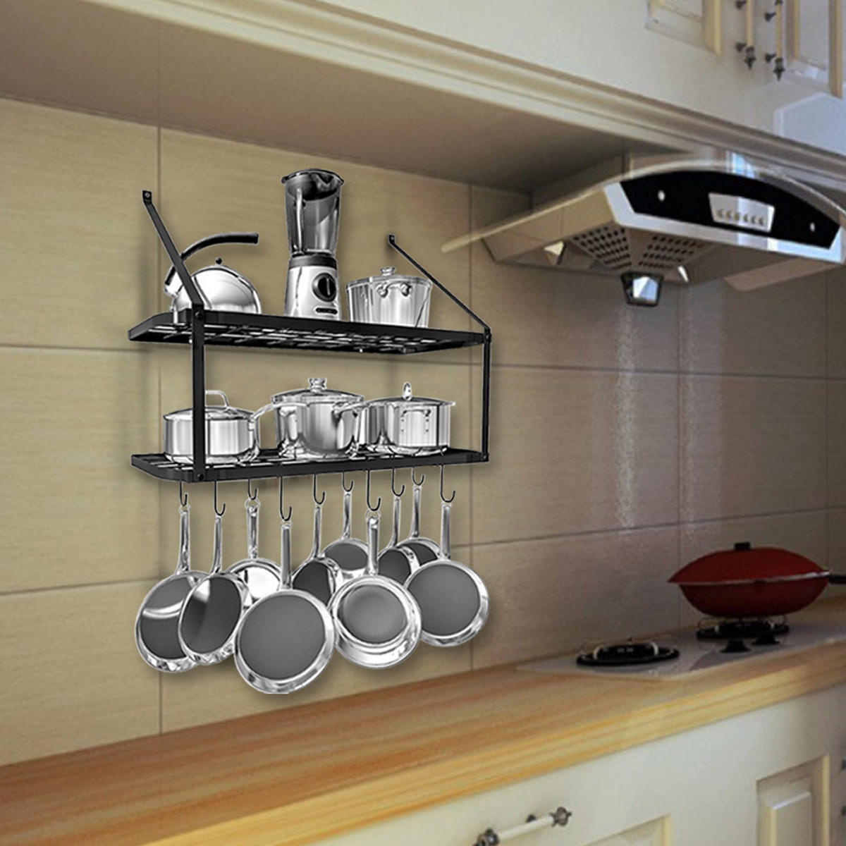 WANDREGAL 2-stöckig mit 10 Haken für Töpfe und Pfannen schwarz 74,9/34,8/58,9 cm - Schwarz, Metall (30/75/35cm) - Livingandhome