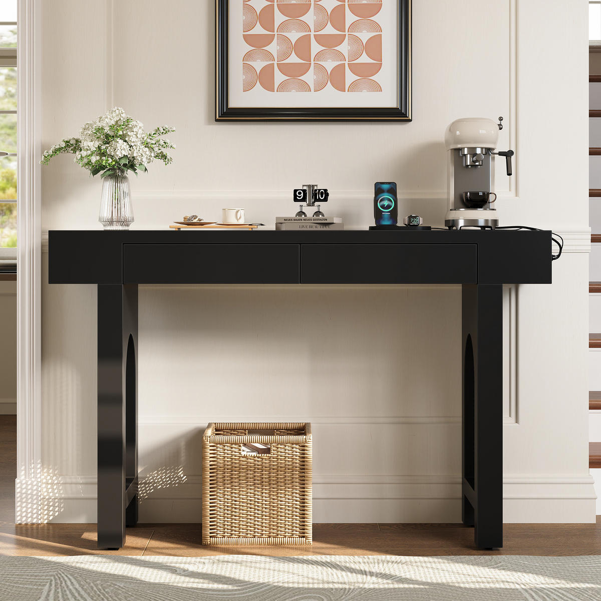 KONZOLNI stol 120/35,5/76,5 cm crni od MDF-a s 2 ladice i utičnicom - crna, drvni materijal (120/35.5/76.5cm) - OKWISH