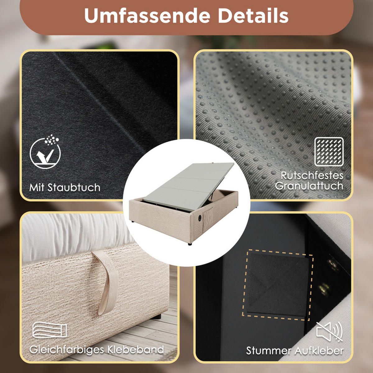 POLSTERBETT 160x200cm Doppelbett Stauraumbett mit USB-C & Lattenrost Natürlich - Beige, Holz - FLIEKS