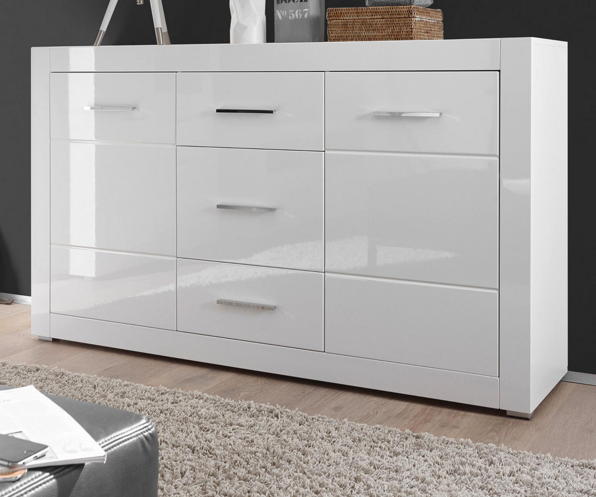 SIDEBOARD weiß Hochglanz, Wohn- und Esszimmer Kommode 164 cm - Weiß Hochglanz/Silberfarben, Holzwerkstoff/Kunststoff (164/97/42cm) - Furn.Design