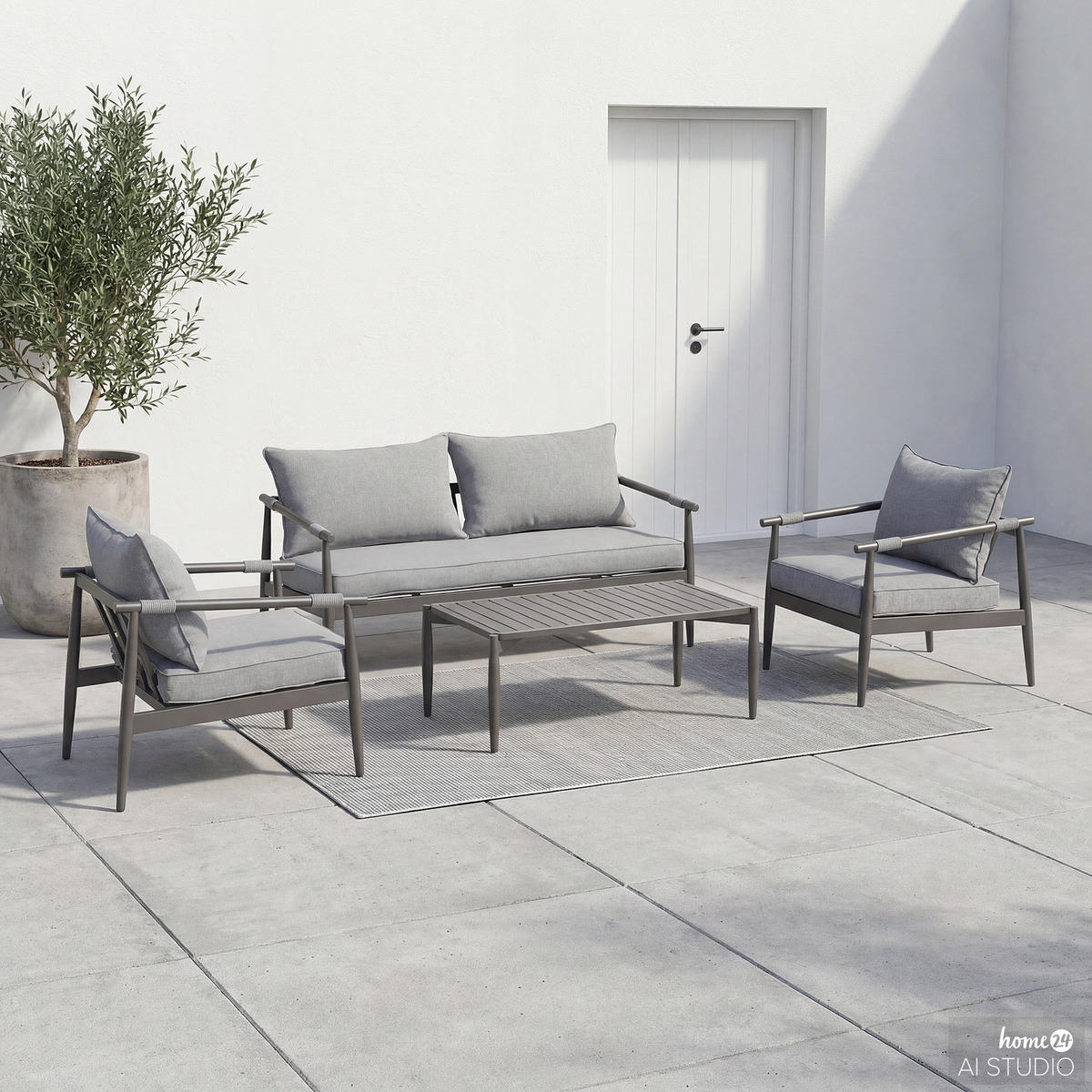 LOUNGESET - 4-teilig - Aluminium / Polyester - Grau / Anthrazit - Anthrazit, Textil/Metall (1/1/1cm) - home24