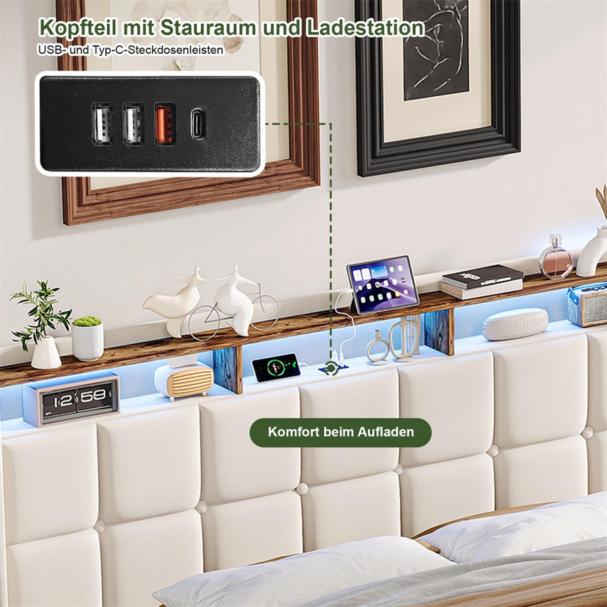 POLSTERBETT 160x200 cm mit LED-Beleuchtung und hydraulischem Stauraum - ohne Matratze - Beige - Beige, Textil (160/200cm) - DELFA