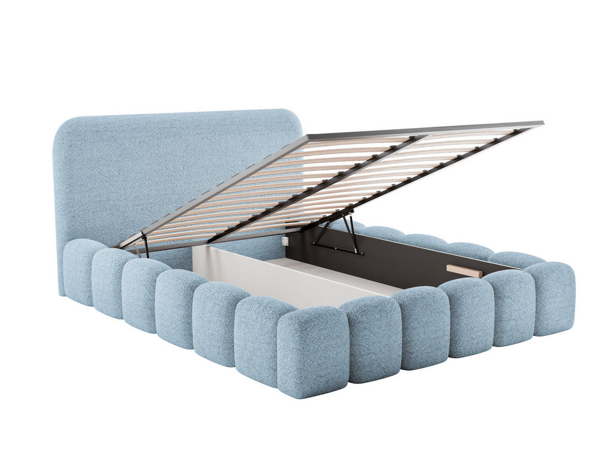 POLSTERBETT MONI 160x200 mit Bettkasten und Lattenrost – Bouclé Stoff MONTE Hellblau - Schwarz, Textil (180/200cm) - Luxkor24