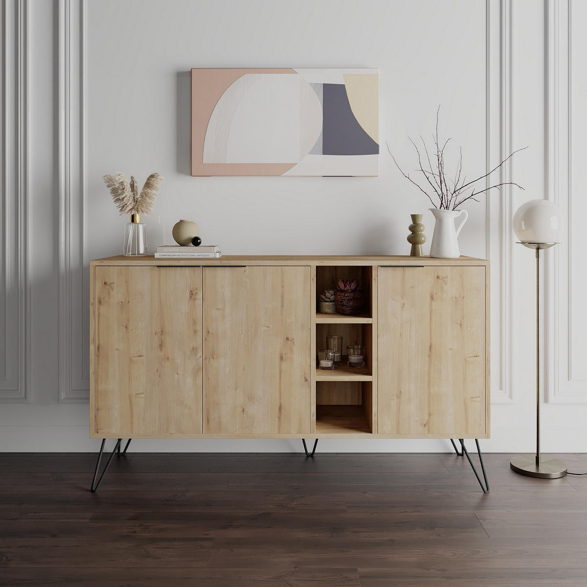 BUFFET 3 Nischen und 3 Türen L142 cm - Clara - Eichefarben, Holzwerkstoff (35.6/83/142cm) - Calicosy