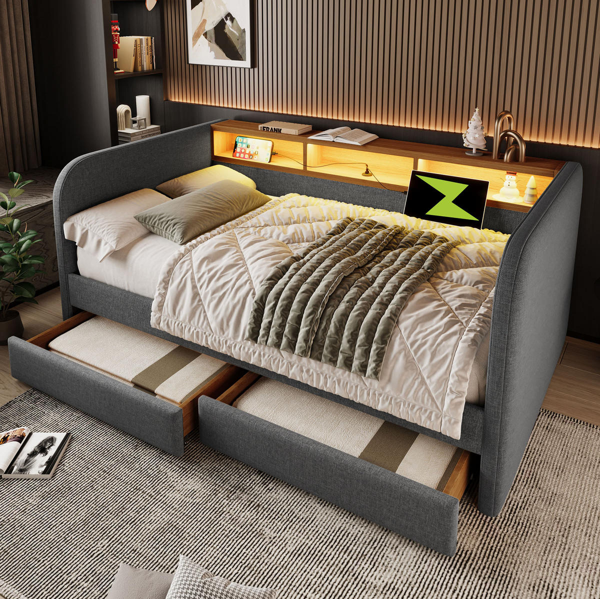 POLSTERBETT 140/190 cm Grau aus Leinen mit LED und Schubladen - Grau, Textil (140/190cm) - OKMYHOME