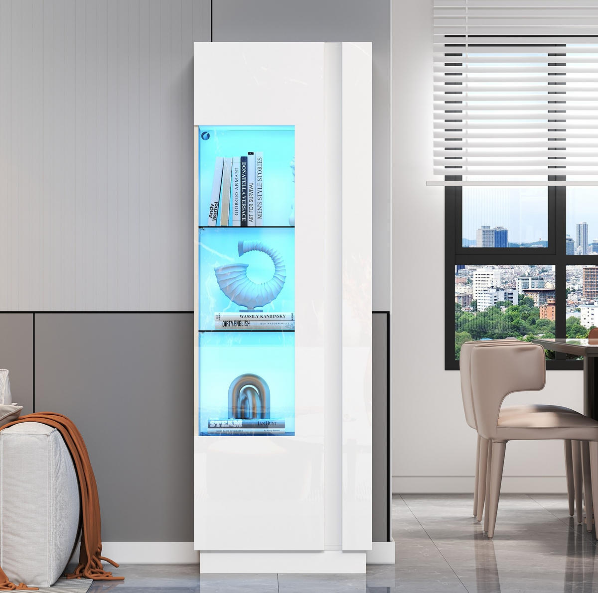 VITRINA 60/40/180 cm iz iverne plošče bela z LED osvetlitvijo - bela, leseni material (60/180/40cm) - BEAOK