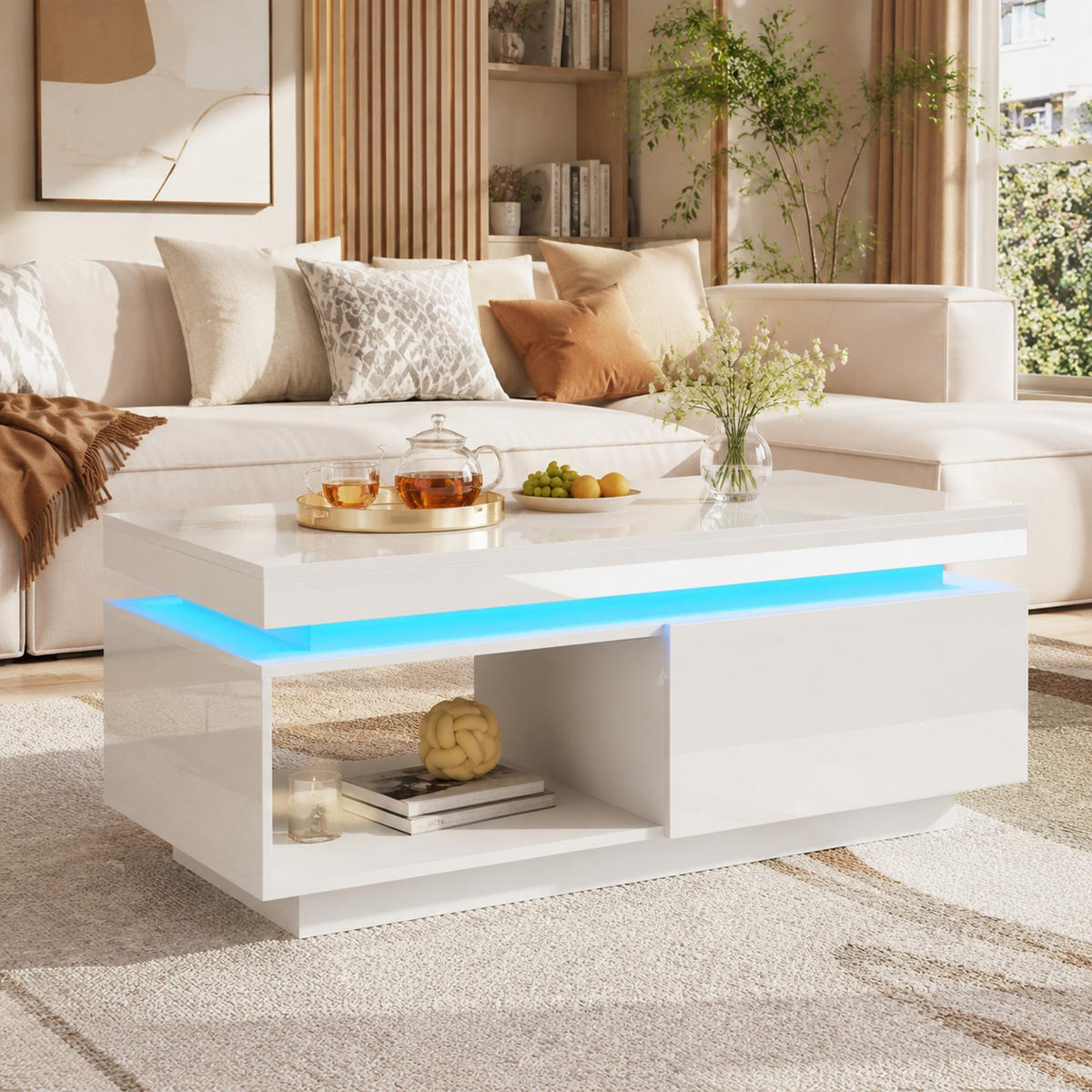 COUCHTISCH 100/50/40,3 cm in Weiß aus Spanplatte mit LED-Beleuchtung und Schublade - Weiß, Holzwerkstoff (50/100/40cm) - CHICFURN