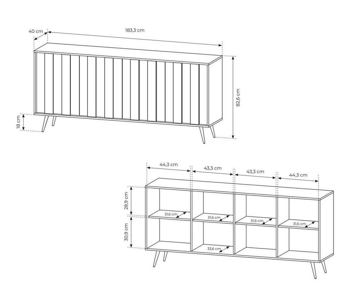 BREITE Kommode 184 cm Resta mit LED, Mettalbeine, Eiche Dunin - Eichefarben/Schwarz, Holz/Metall (184/83/40cm) - Emporius
