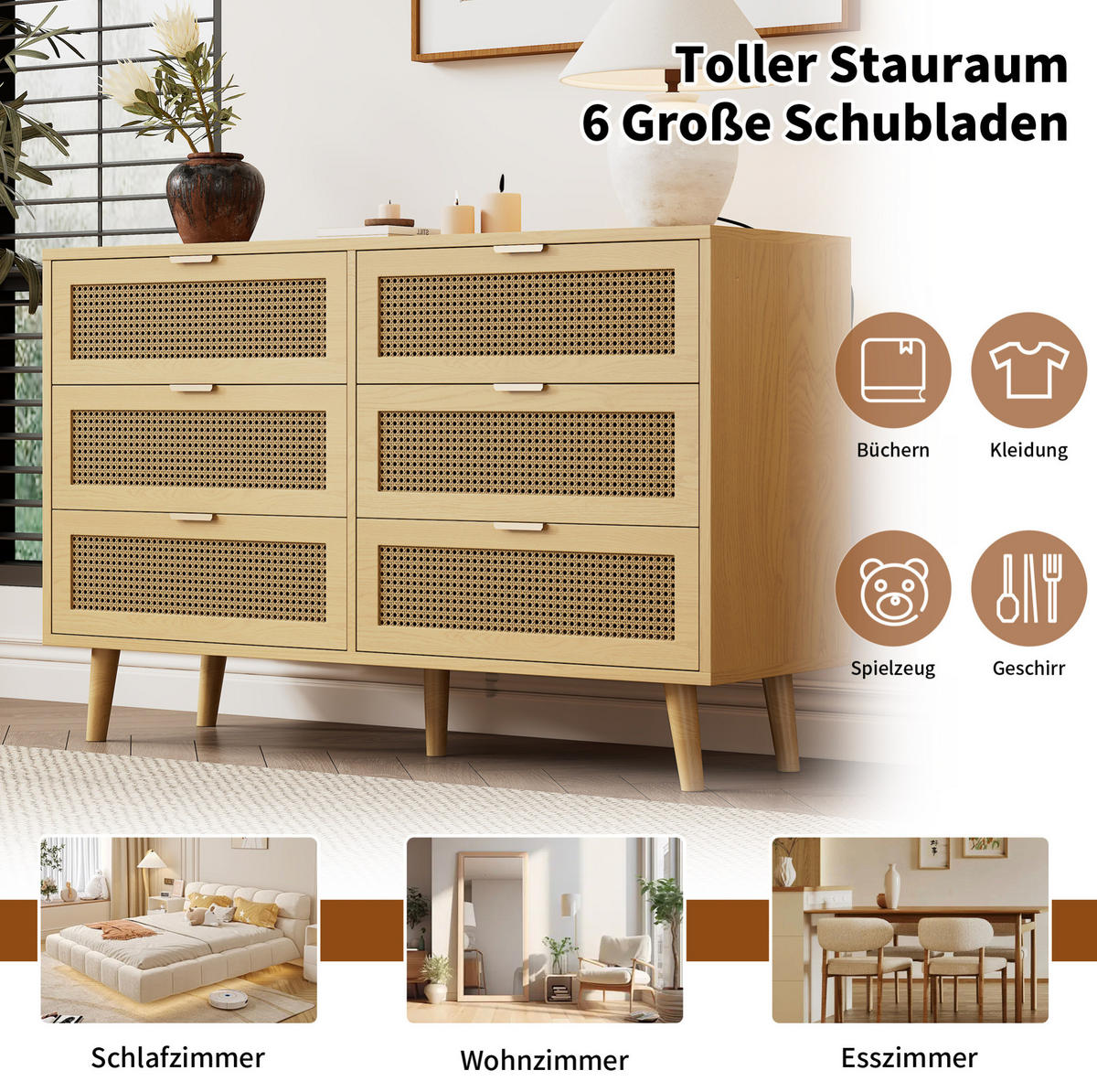 SIDEBOARD 120/40/76,5 cm in Walnuss mit 6 Schubladen und Rattan-Optik - Eichefarben, Holzwerkstoff (120/76.5/40cm) - Flora Grace