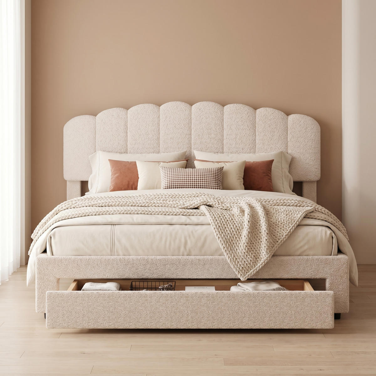 BETT 160x200 cm mit Schublade und USB-Anschluss, Kopfteil, Teddy-Velours, Beige - Beige, Holzwerkstoff/Textil (160/200cm) - WoodenAura