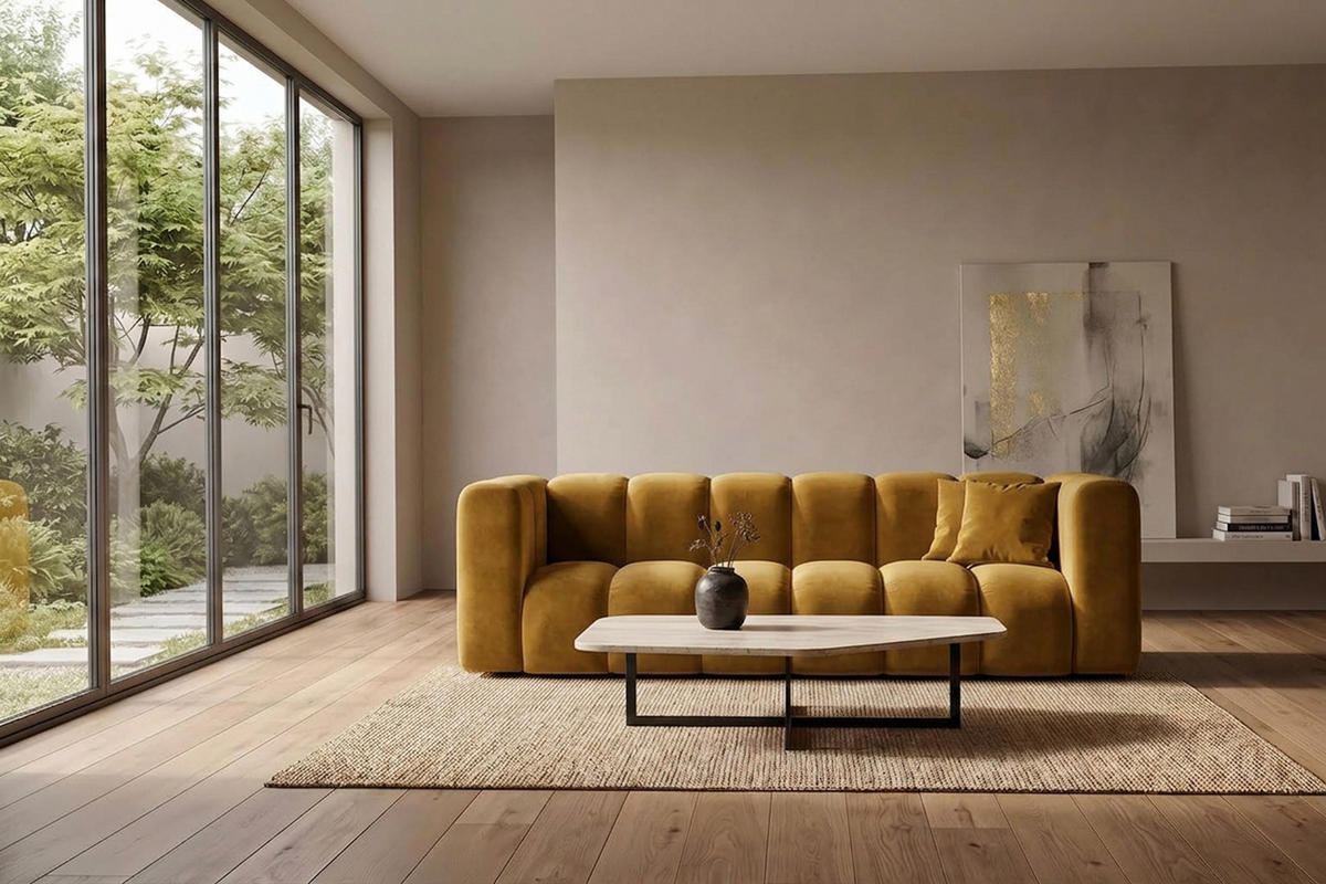 SOFA 3-Sitzer Modulares, Velvet-Stoff Riviera, Senffarbe, GRAND - Gelb, Holz (230/70/89cm) - Kaiser Möbel