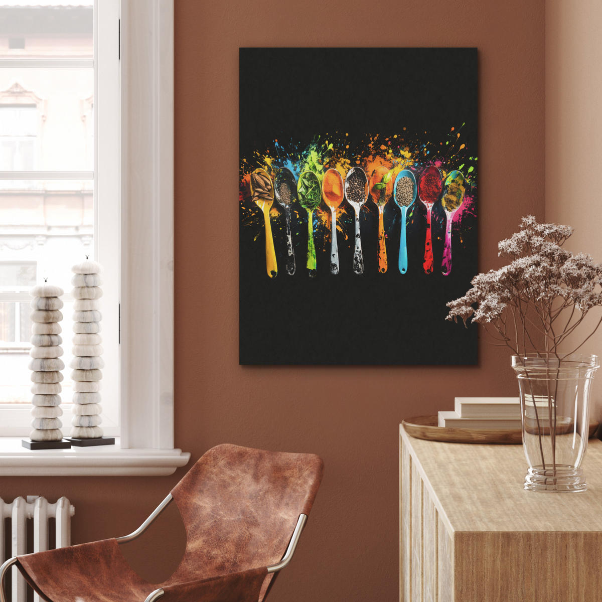 AKUSTIKBILD Löffel - Gewürze - Modern - Graffiti - Farbe - Farbenfroh Wandbilder 60x80 cm - Multicolor, Textil (60/80/0.9cm) - MuchoWow