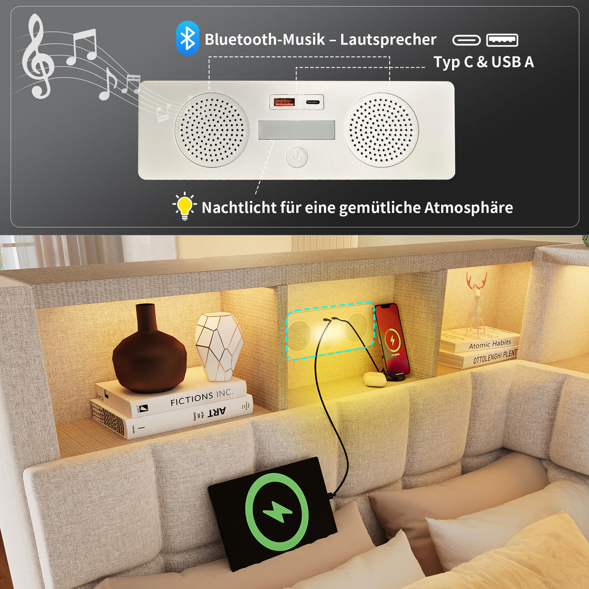 SCHLAFSOFA 90/200 cm & 90/190 cm in Beige Leinen mit Ausziehbett, LED und USB - Beige, Holzwerkstoff/Textil (90/200cm) - WISHDOR