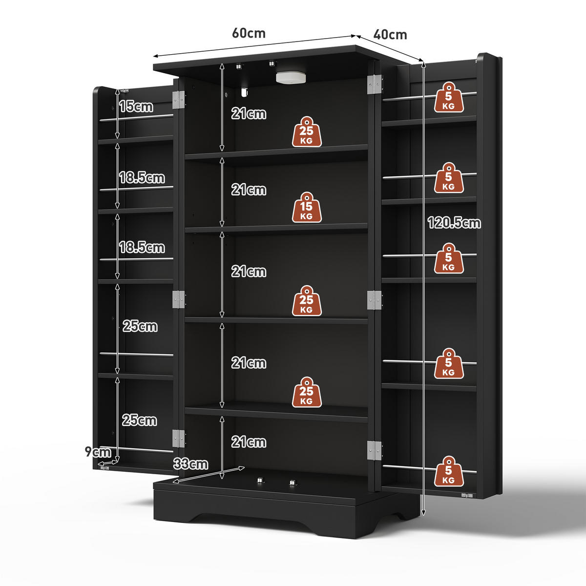 HOCHSCHRANK 2-türig aus MDF mit LED-Sensorlicht, moderner Stauraum für Küche und Wohnraum, 120/60/40 cm, Schwarz - Schwarz, Holzwerkstoff (60/120/40cm) - Redom