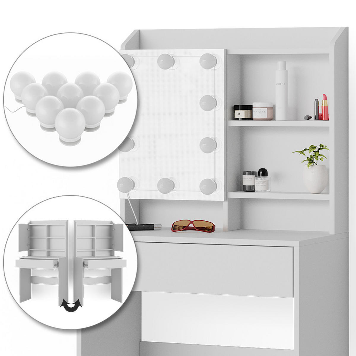 SCHMINKTISCH Laura Weiß 70 cm mit LED Beleuchtung - Weiß, Holzwerkstoff (70/136/40cm) - Vicco