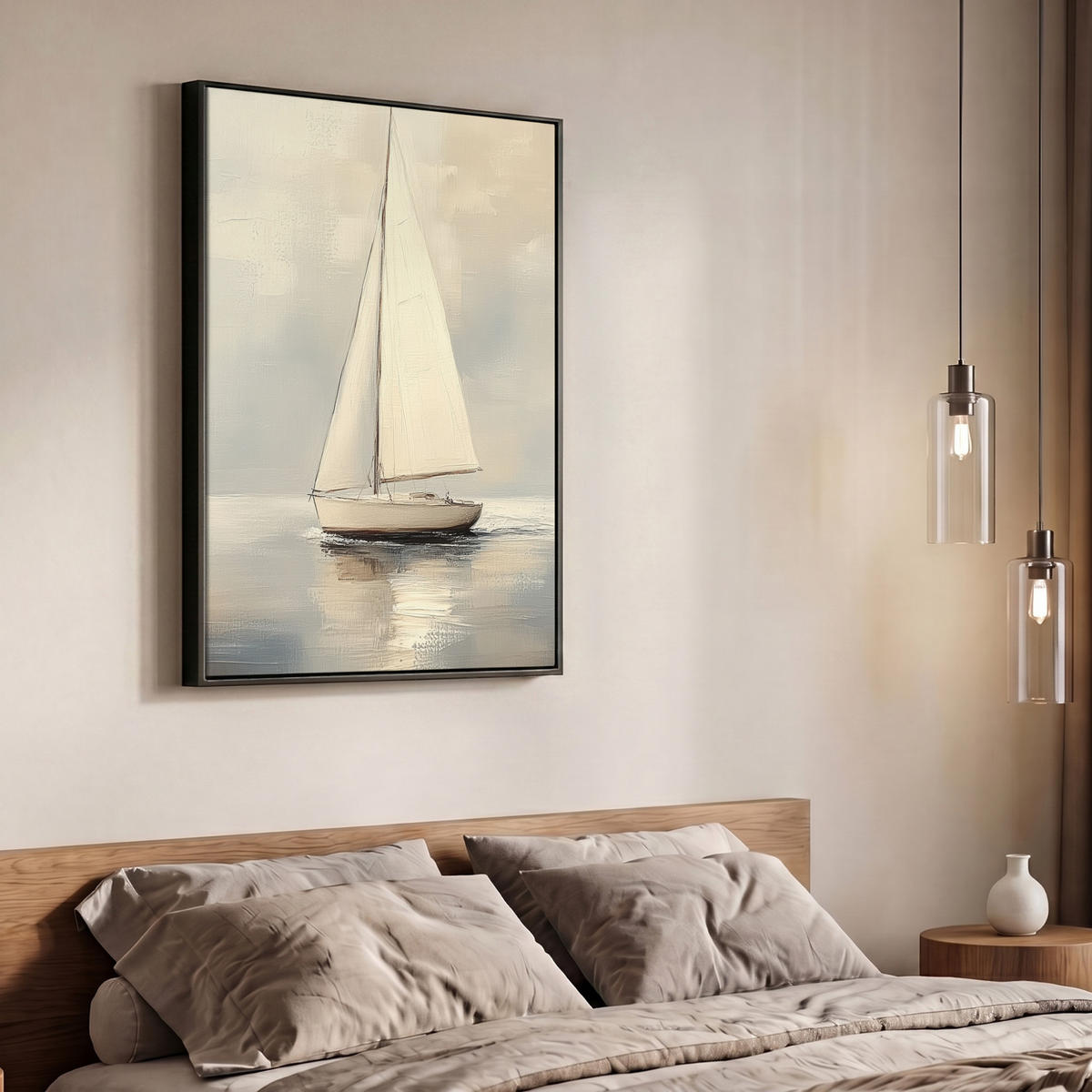 LEINWAND Bilder mit Rahmen - Segelschiff - Meer - Bewölkt - 70x100 - Creme, Textil (70/100cm) - MuchoWow