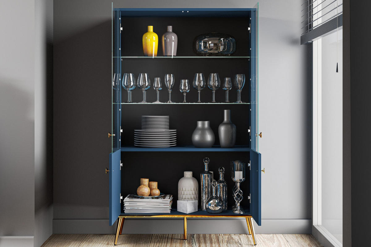 VITRINENSCHRANK ARICIA mit Glaseinlegeböden, Marineblau - Blau, Holz (92/152/40cm) - KONSIMO®
