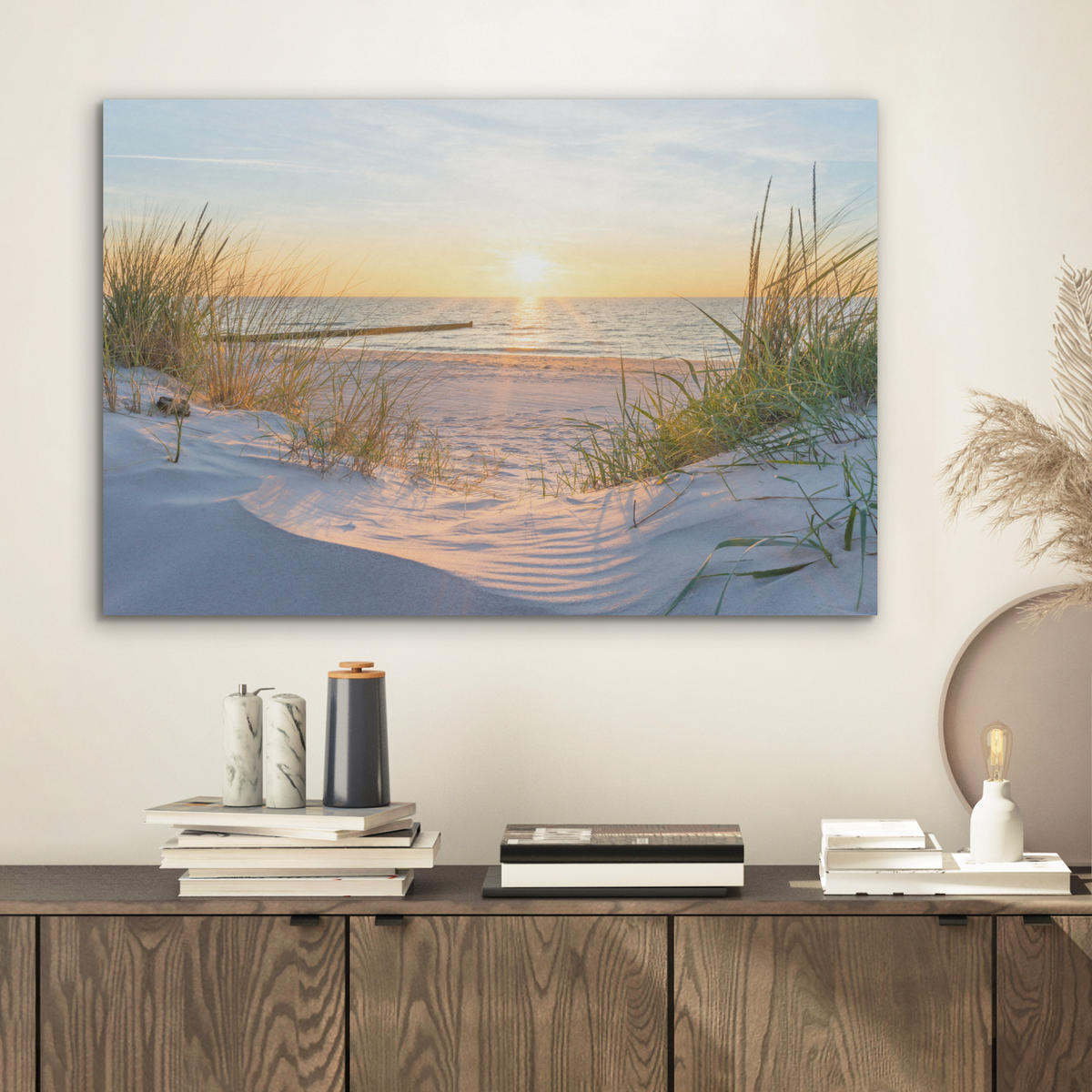 AKUSTIKBILD Strand - Sonne - Düne - Gras - Sand - Horizont Wanddeko 70x50 cm - Hellblau, Kunststoff (70/50/0.9cm) - MuchoWow