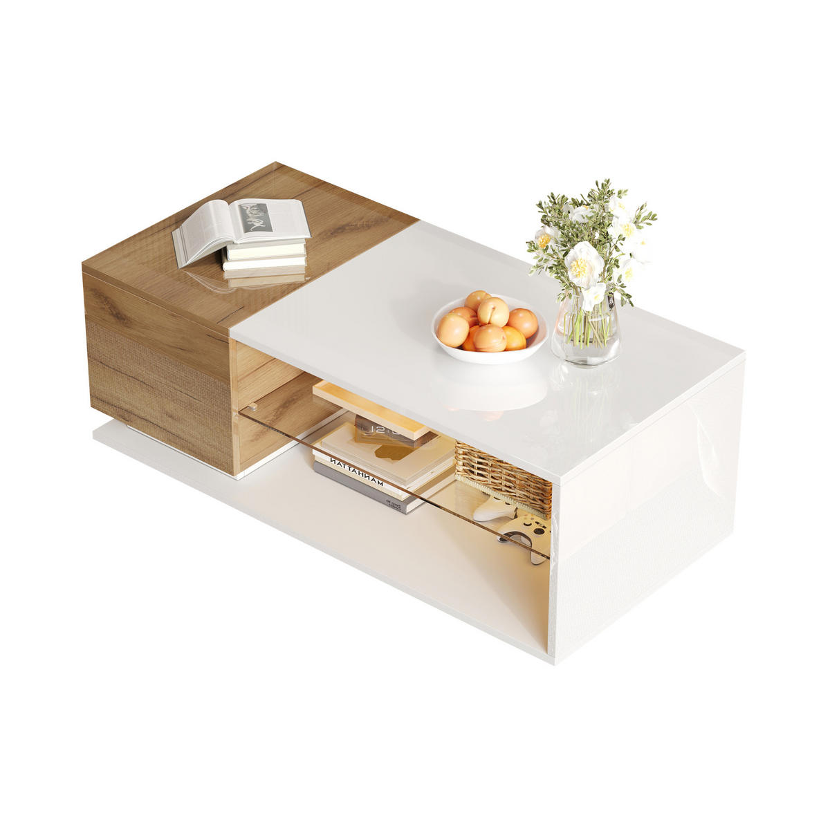 KONFERENČNÍ stolek 105/50/36 cm bílá a dekor dřeva z dřevotřísky s LED osvětlením a úložným prostorem - bílá, kompozitní dřevo (105/50/36cm) - OKWISH