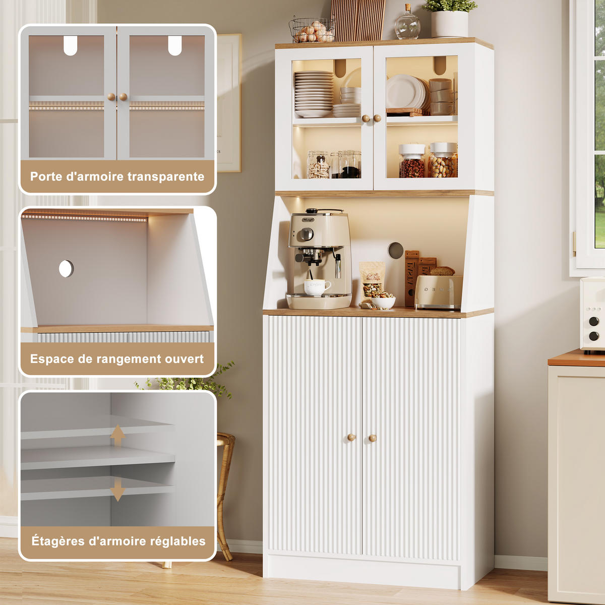 BUFFET hoch 40x70x180 cm LED Arbeitsplatte Stauraum weiß - Weiß, Holz (70/180/40cm) - LEBENLANG