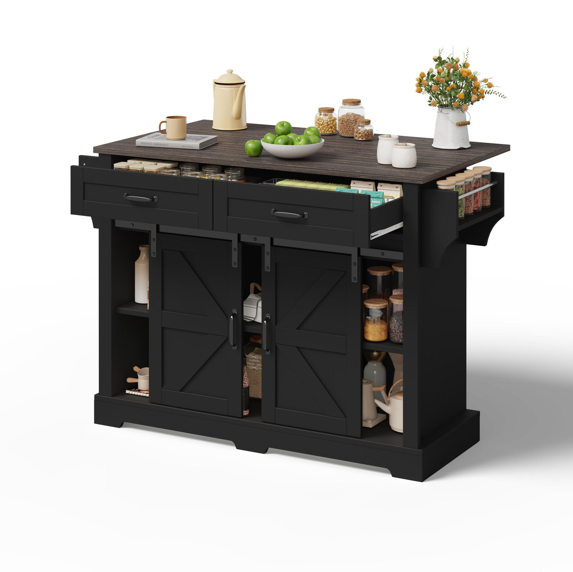Modfu KUCHYŇSKÝ ostrůvek z MDF 120x45(70)x91 cm černý se sklápěcí deskou, kolečky, posuvnými dveřmi a 2 zásuvkami