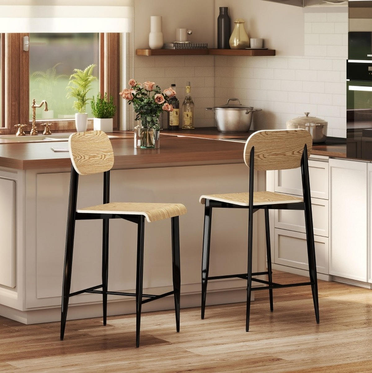BARHOCKER Naturfarben mit Fußstütze, Sitzhöhe 66 cm - Naturfarben, Metall (43/103/55cm) - MIVRAY
