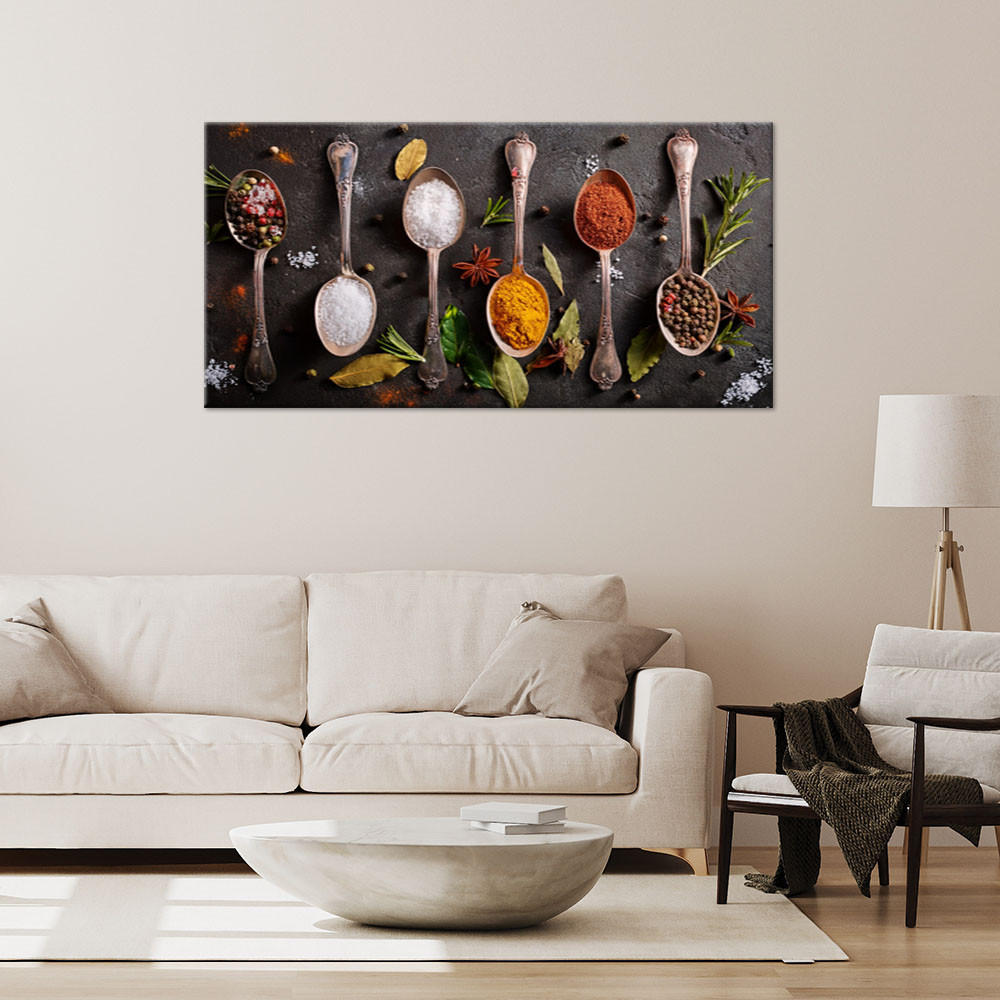 LEINWANDBILD Gewürze Kräuter Besteck 120x60cm - Multicolor, Textil (120/60cm) - Feeby