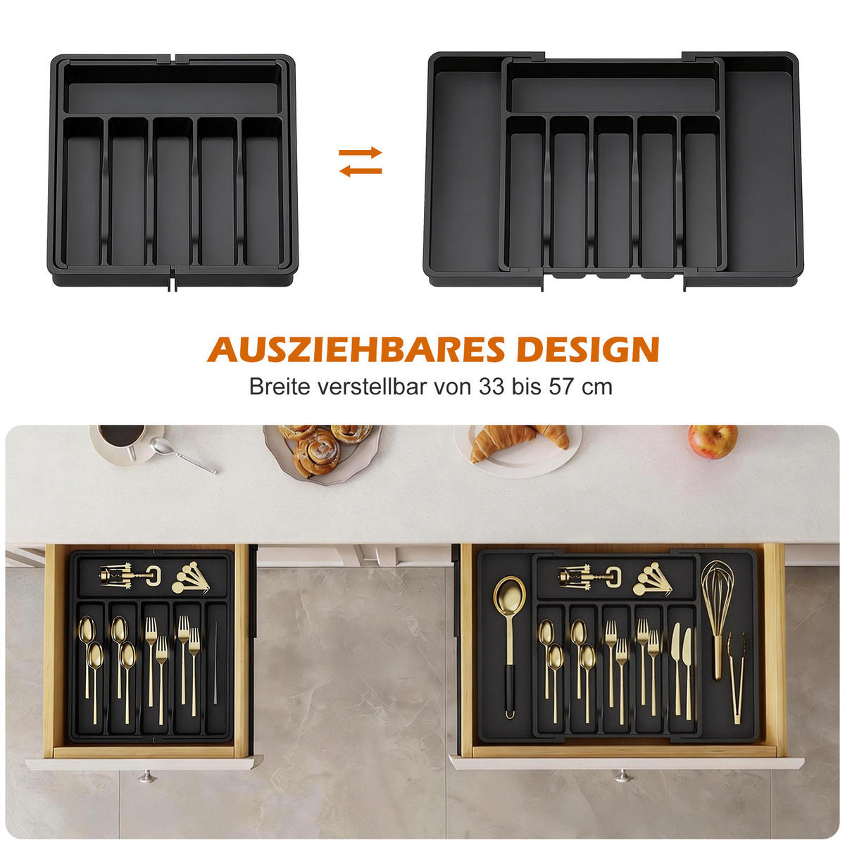 BESTECK Organizer Schublade ausziehbar 3-teilig Küchen Ordnungssystem Set - Schwarz, Kunststoff