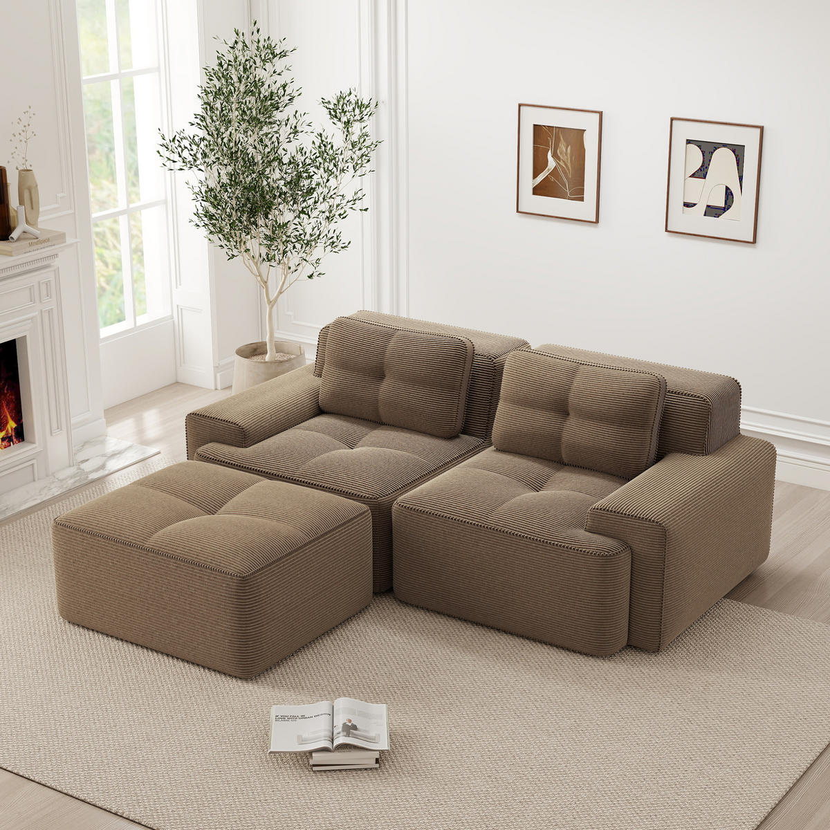 ECKSOFA aus Cord in Braun mit Tiefsitz & flexiblem Moduldesign - Braun, Textil (177/204cm) - Modfu