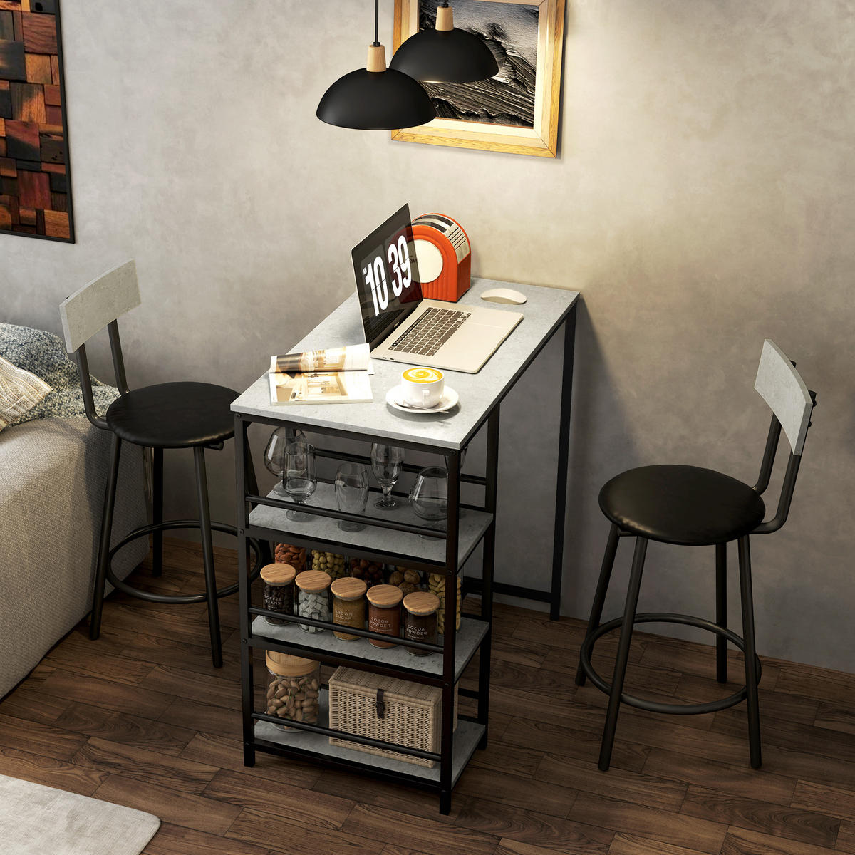 BARTISCH-SET DE-14753 mit 3 Ablagen & 2 Hockern Grau/Schwarz - Hellgrau, Holzwerkstoff (90/50/90.5cm) - ComfortXL