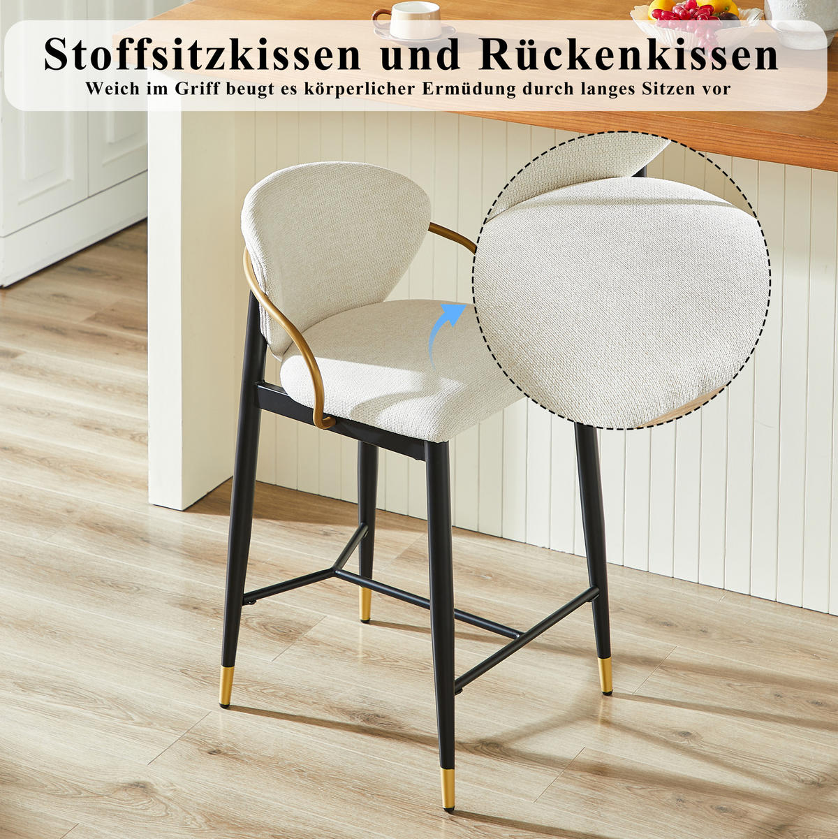 BARHOCKER 2er-Set mit Rückenlehne Chenille Beige Schwarz-Gold - Beige, Metall (52/87/57cm) - Meubliv