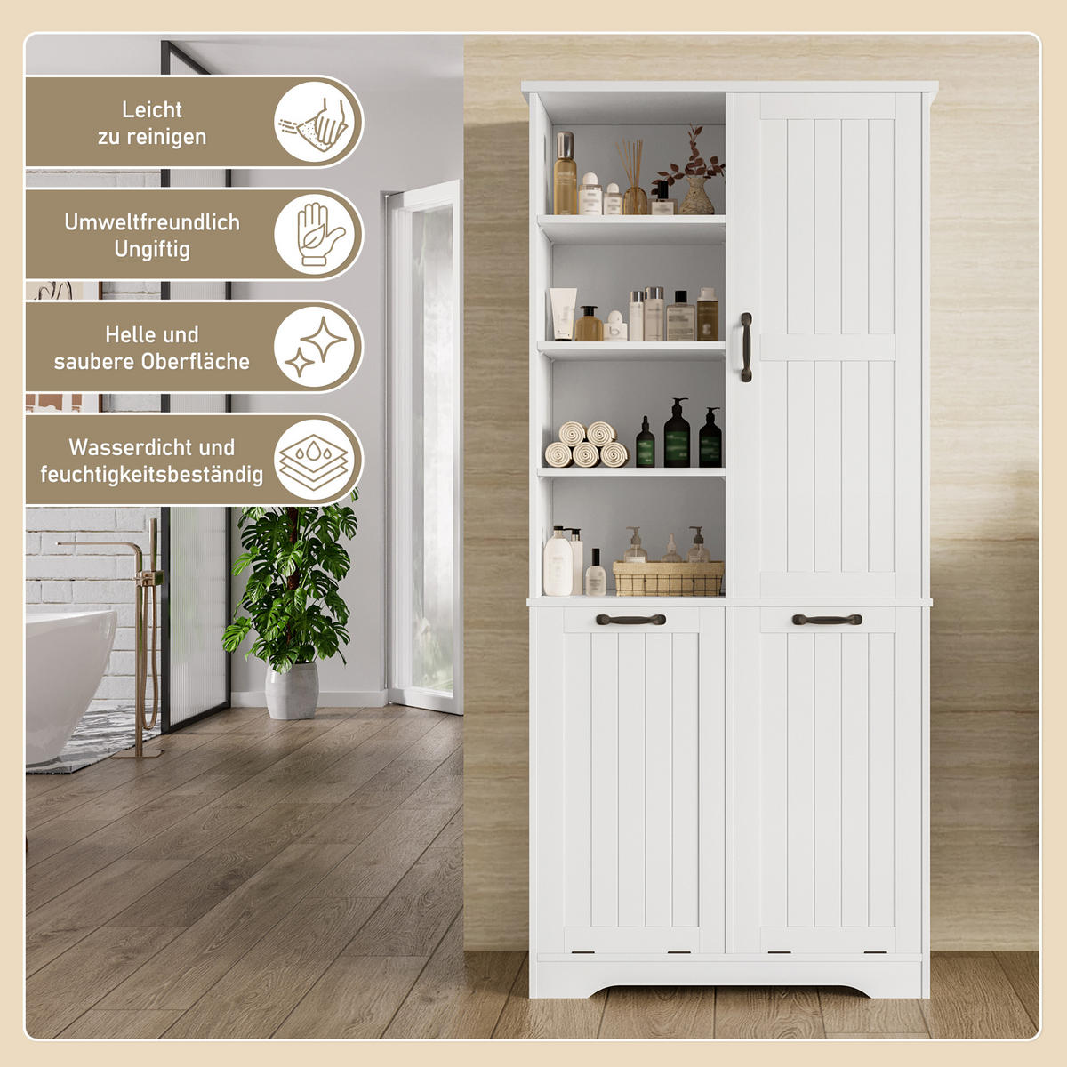 HOCHSCHRANK 78/35/172.7 cm Weiß mit doppelter Wäschekorb und 4 offene Fächer - Weiß, Holz/Holzwerkstoff (35/172.7/78cm) - Oxeza