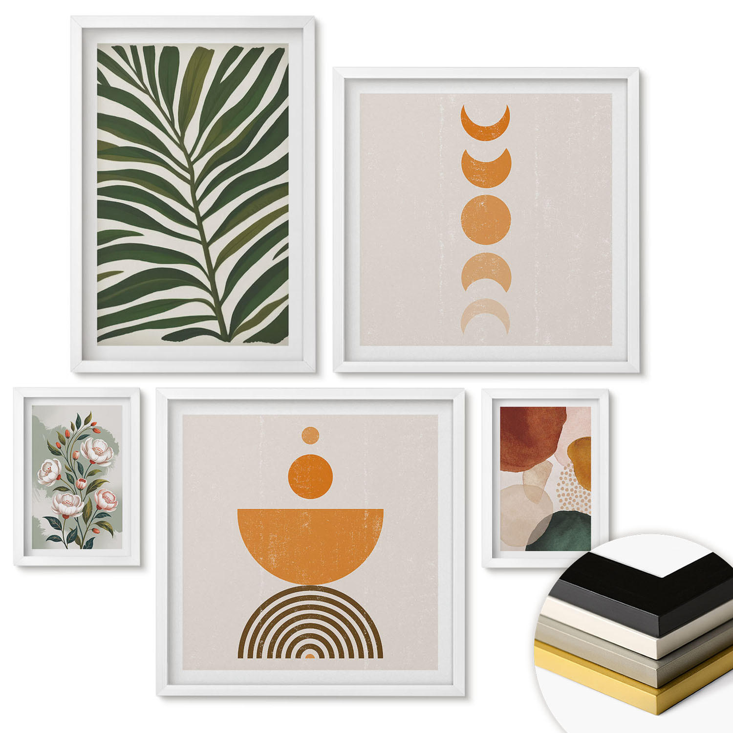 WANDBILDER 5er-Set - 50x50 cm & 20x30 cm & 40x60 cm Weißer Rahmen - Abstrakte Blattformen - Weiß, Kunststoff (40/60cm) - ArtPrintCave