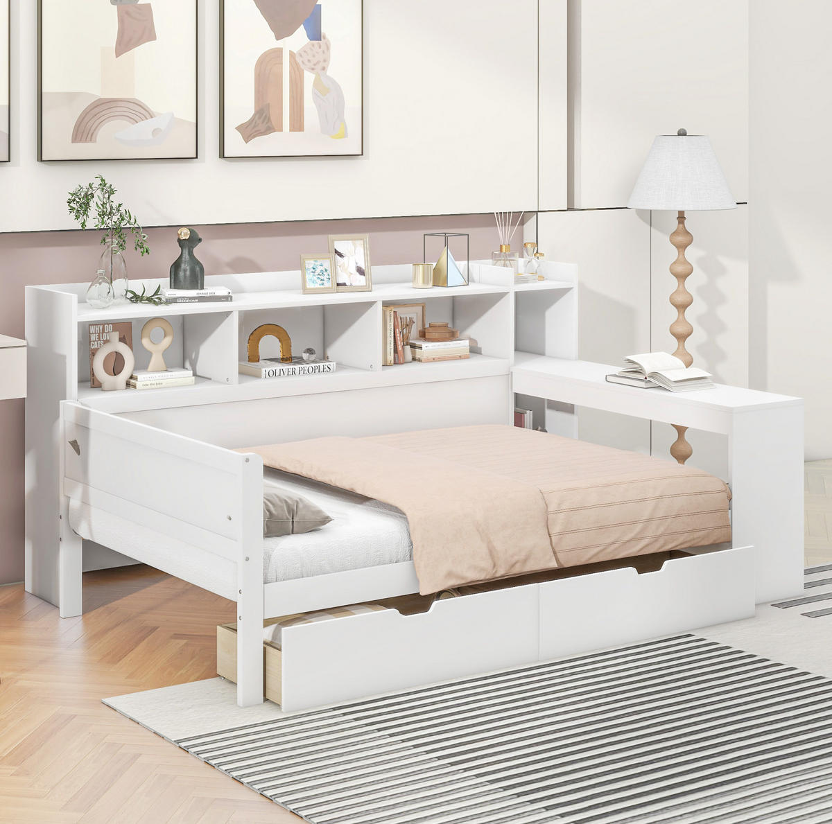 BETT 90/200 cm Weiß aus Spanplatte und MDF mit Schreibtisch, USB-Anschluss und 2 Schubladen - Weiß, Holzwerkstoff (90/200cm) - OKMYHOME