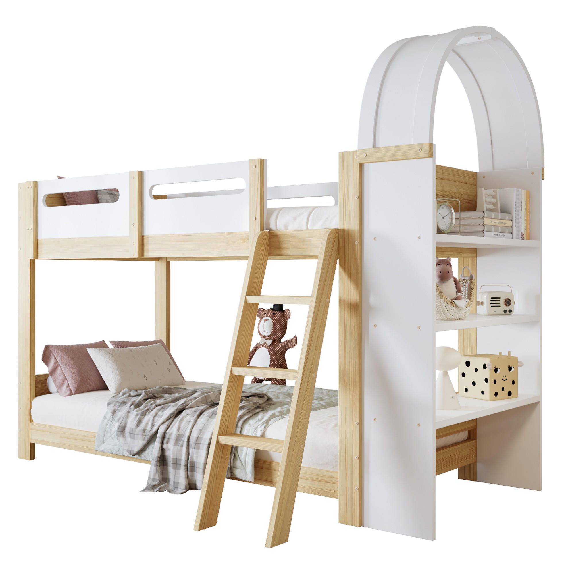 OKWISH PATROVÁ postel 90/200 cm bílá+přírodní s třípatrovou policí a bezpečnostním zábradlím z borovice a MDF