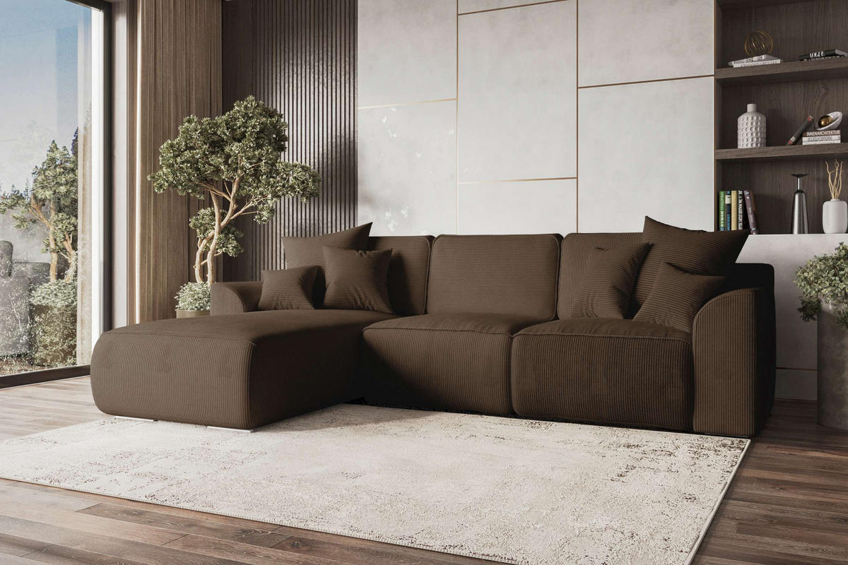 ECKSOFA GUSTO Cordstoff Braun Links inkl. Schlaffunktion - Chromfarben/Braun, Kunststoff/Textil (295/194cm) - 99rooms