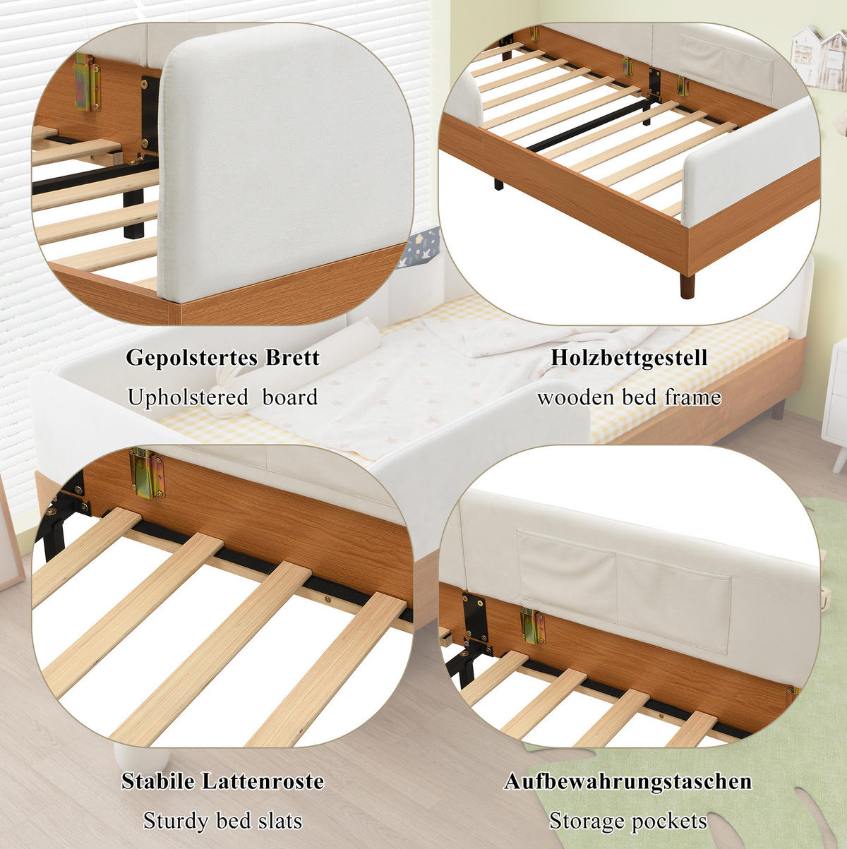 POLSTERBETT 90/200 cm Weiß/Natur aus Samt mit 2 Stautaschen - Naturfarben, Textil (90/200cm) - OKMYHOME