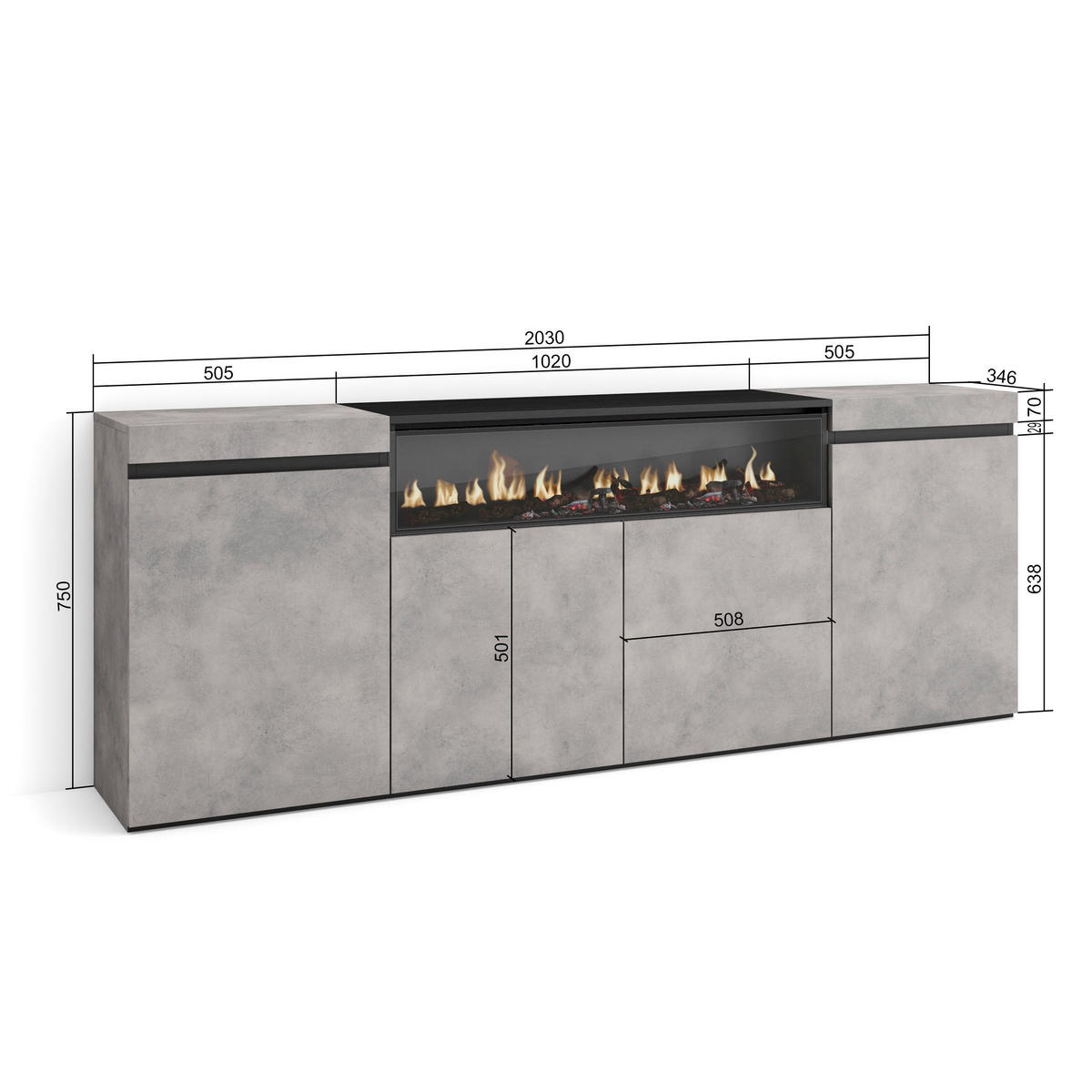 SIDEBOARD Elektrokamin, zementgrau, 200/35/75cm - Grau, Holzwerkstoff (200/75/35cm) - Skraut Home
