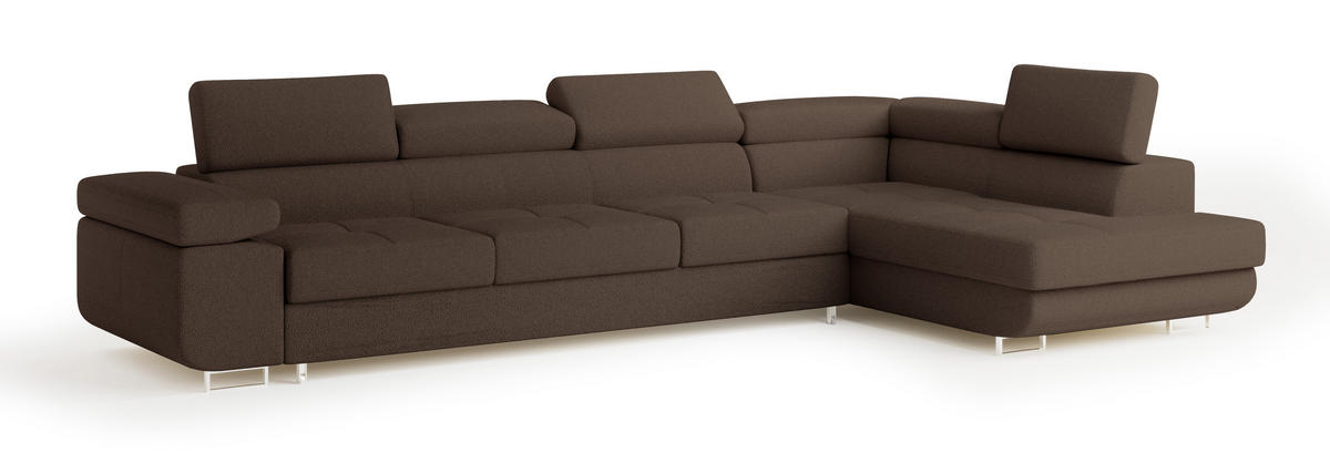 ECKSOFA VICENTE Braun Boucle-Stoff mit Schlaffunktion - Braun, Holz (346/202cm) - MASSENO