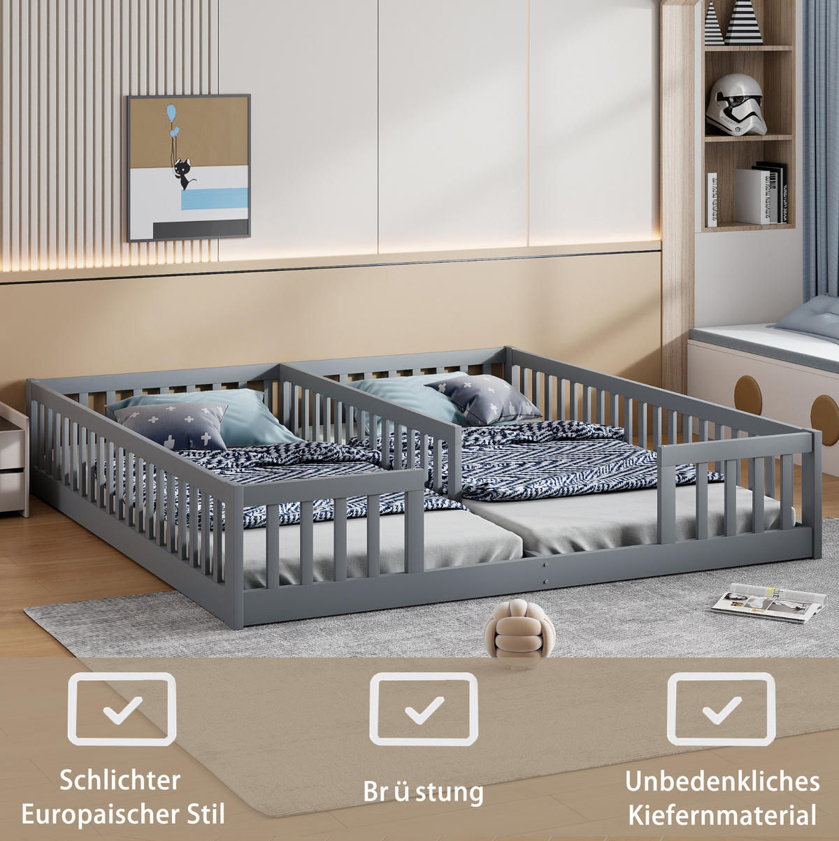 PANEELBETT 90/200 cm Grau mit Sicherheitsgitter und Lattenrost ohne Matratze - Grau, Holz (90/200cm) - MIVRAY