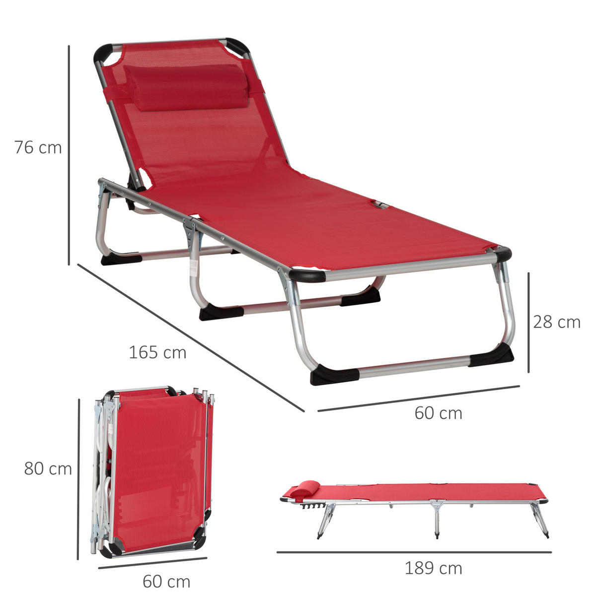 ZAHRADNÍ lehátko 165/60/76 cm červené z hliníku skládací s nastavitelným opěradlem - červená, kov (165/76/60cm) - OKWISH