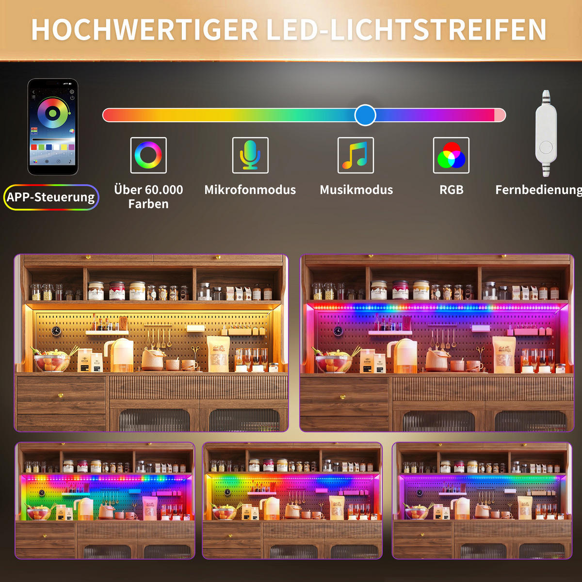BUFFET 145/39/171 cm aus MDF und Glas mit LED-Beleuchtung Walnussfarben - Walnussfarben, Holzwerkstoff (145/171/39cm) - Modenvie