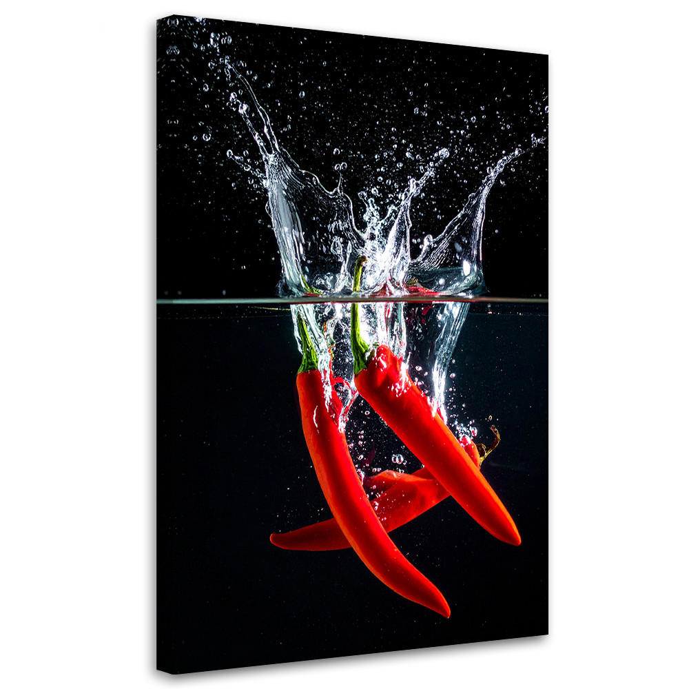 LEINWANDBILD, Rote Chilischoten fallen vor schwarzem Hintergrund ins Wasser. - Rot, Textil (40/60cm) - Feeby
