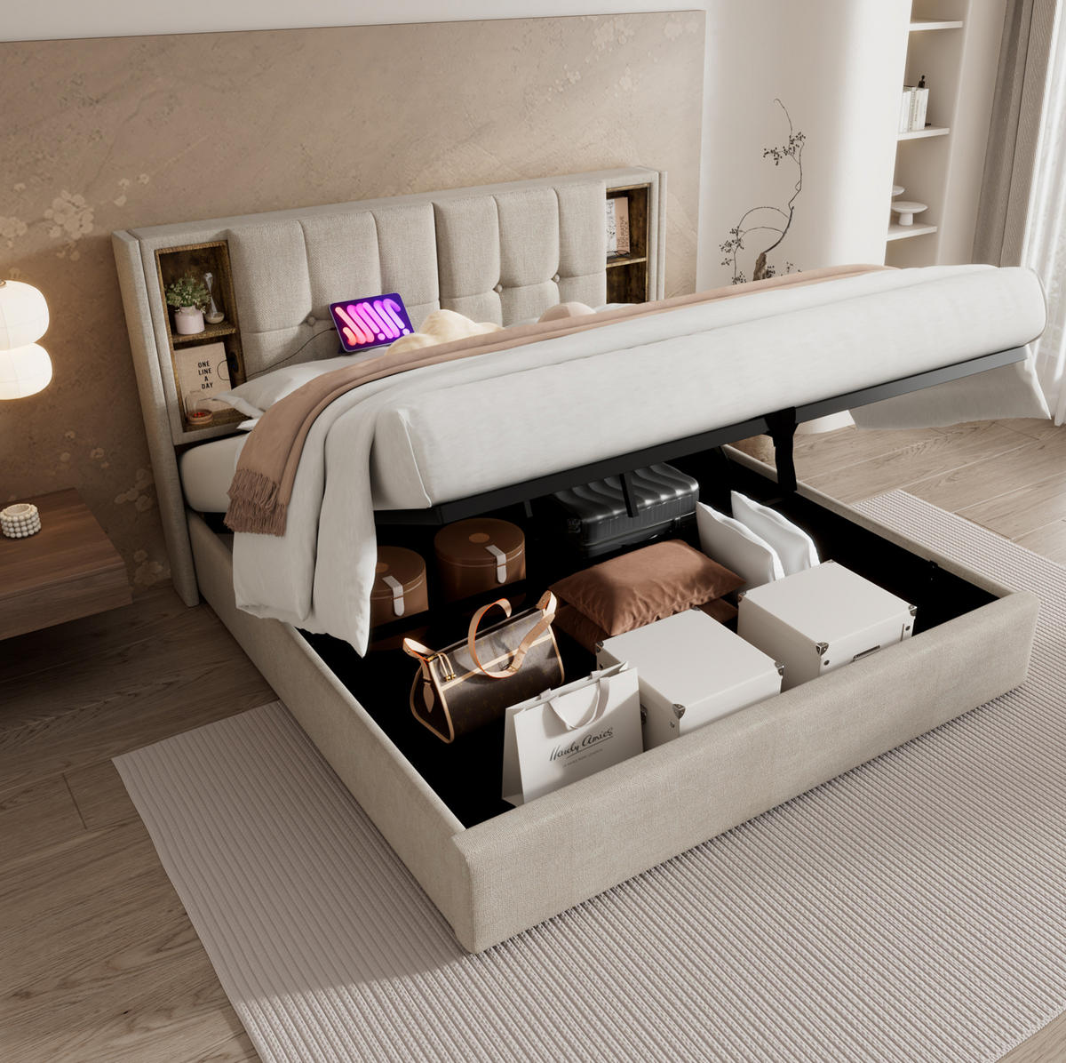 POLSTERBETT 140/200 cm Natürlich aus Leinen mit kabellosem Laden und Stauraum - Naturfarben, Textil (140/200cm) - OKMYHOME