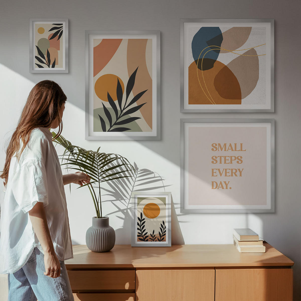WANDBILDER 5er Set - 50x50 cm & 20x30 cm & 40x60 cm Silberner Rahmen - Moderne Pflanzenmotive - Silberfarben, Kunststoff (40/60cm) - ArtPrintCave
