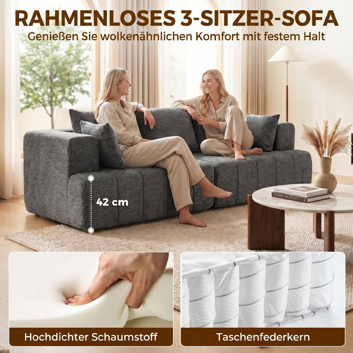 3-SITZER-SOFA Chenille (100 % Polyester) Grau - Grau, Textil (104/87/248cm) - HOMCOM