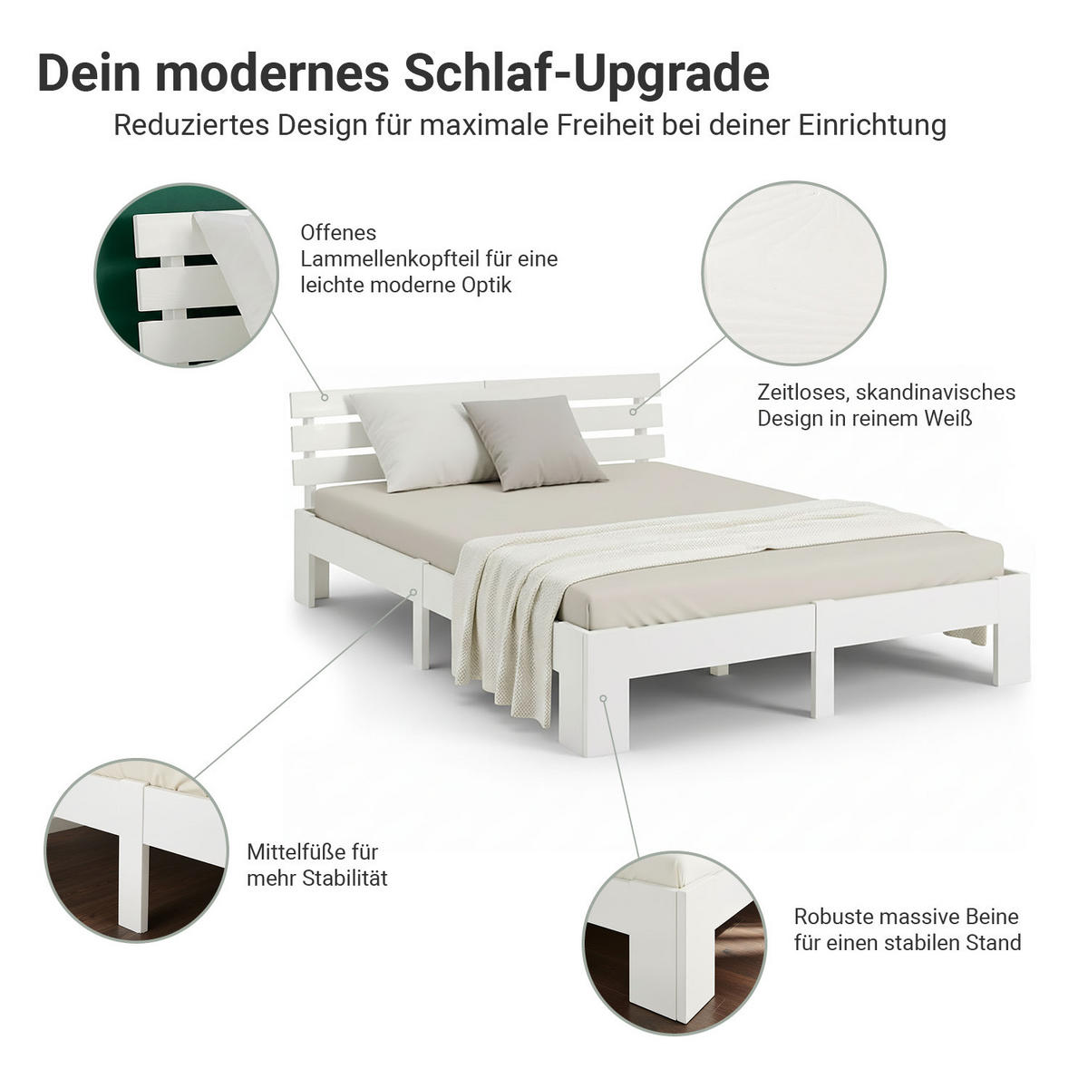 HOLZBETT Weiss 180/200 cm Doppelbett mit Lattenrost - Weiß, Holz (180/200cm) - Homestyle4u