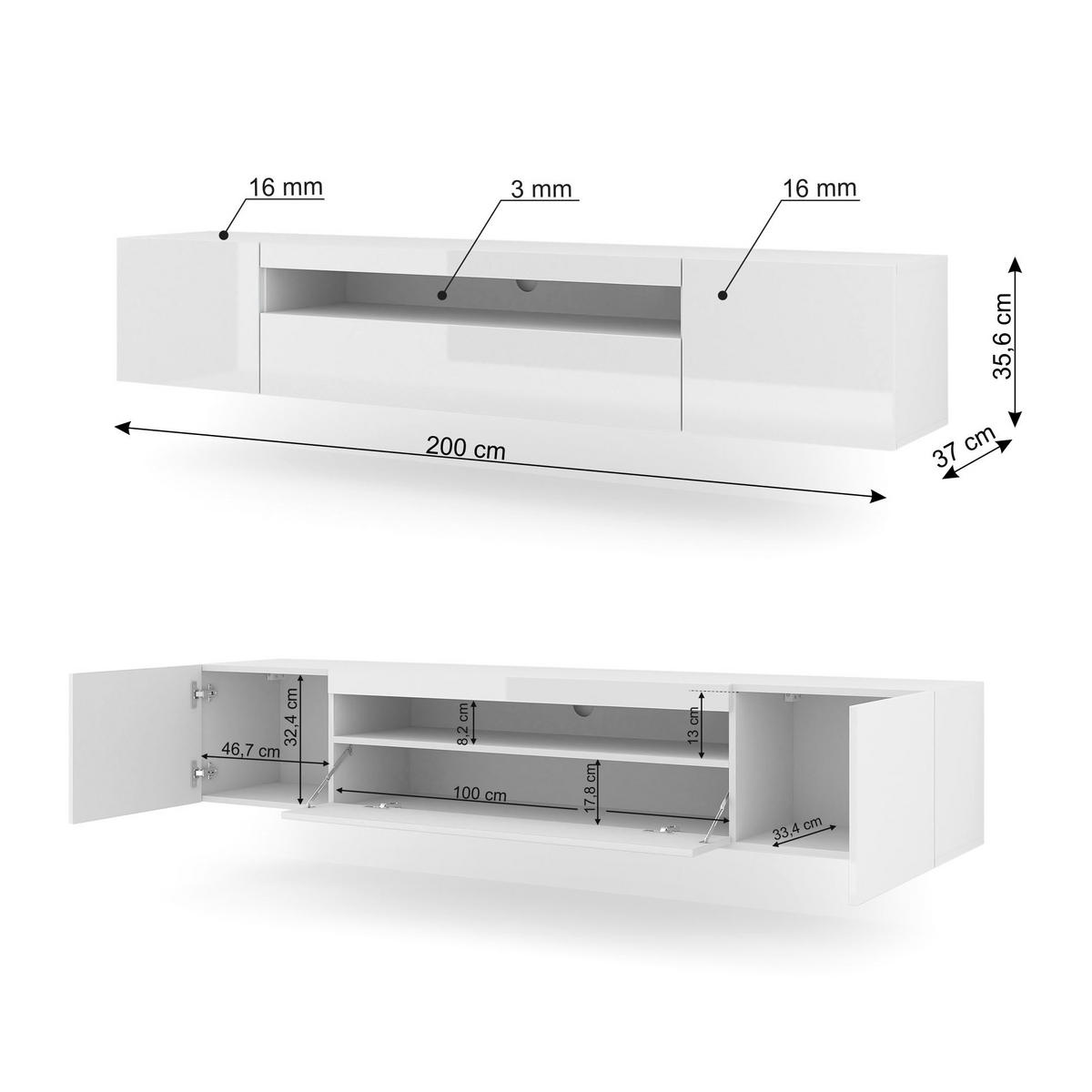 TV LOWBOARD Weiß, Weiß Hochglanz 200/42/37 - Weiß Hochglanz/Weiß, Holzwerkstoff (200/42/37cm) - RAUMHIRSCH FURNITURE