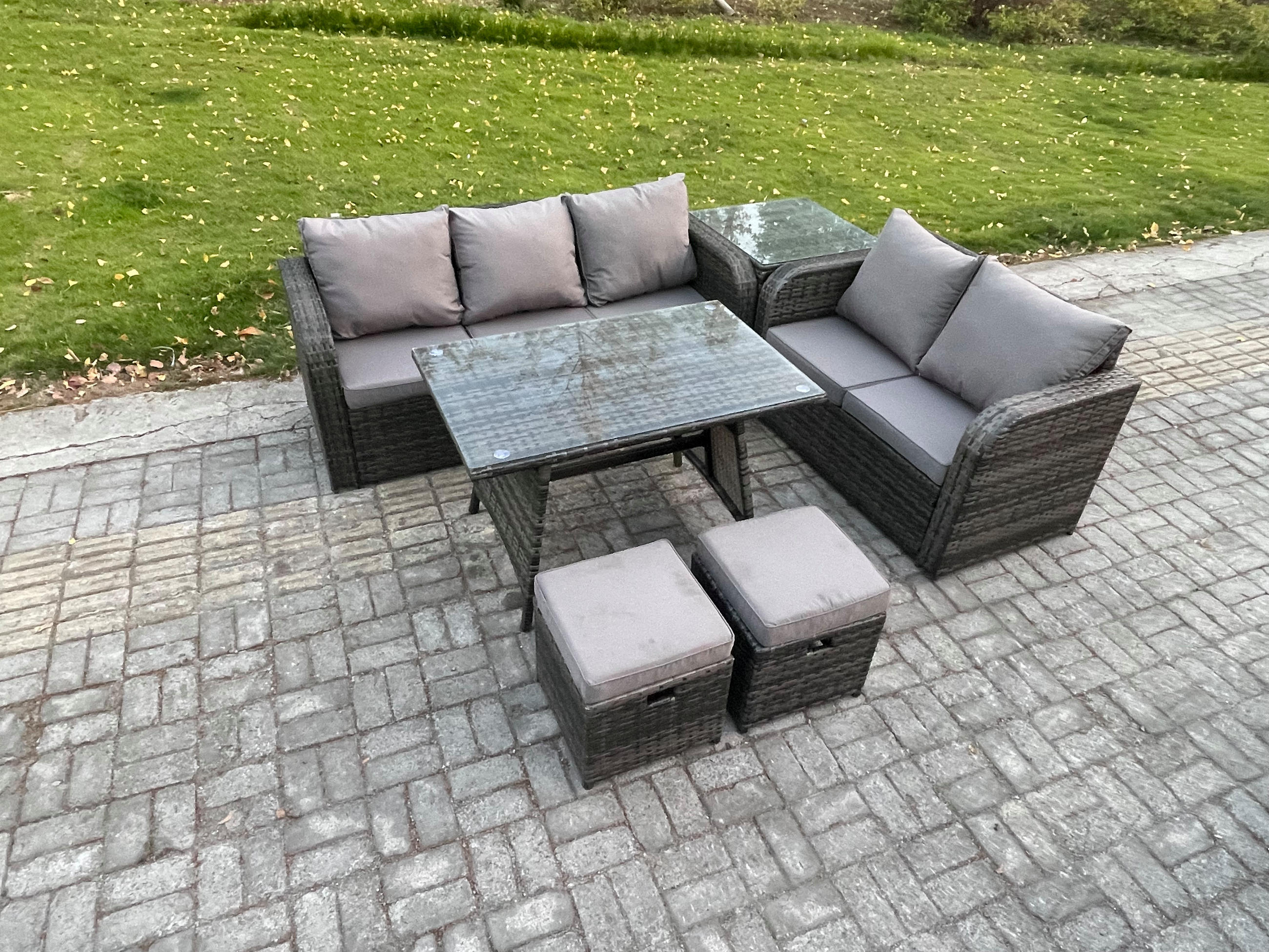 GARTENMÖBEL SET Polyrattan Dunkelgrau 7-Sitzer - Dunkelgrau/Grau, Glas/Kunststoff - Fimous